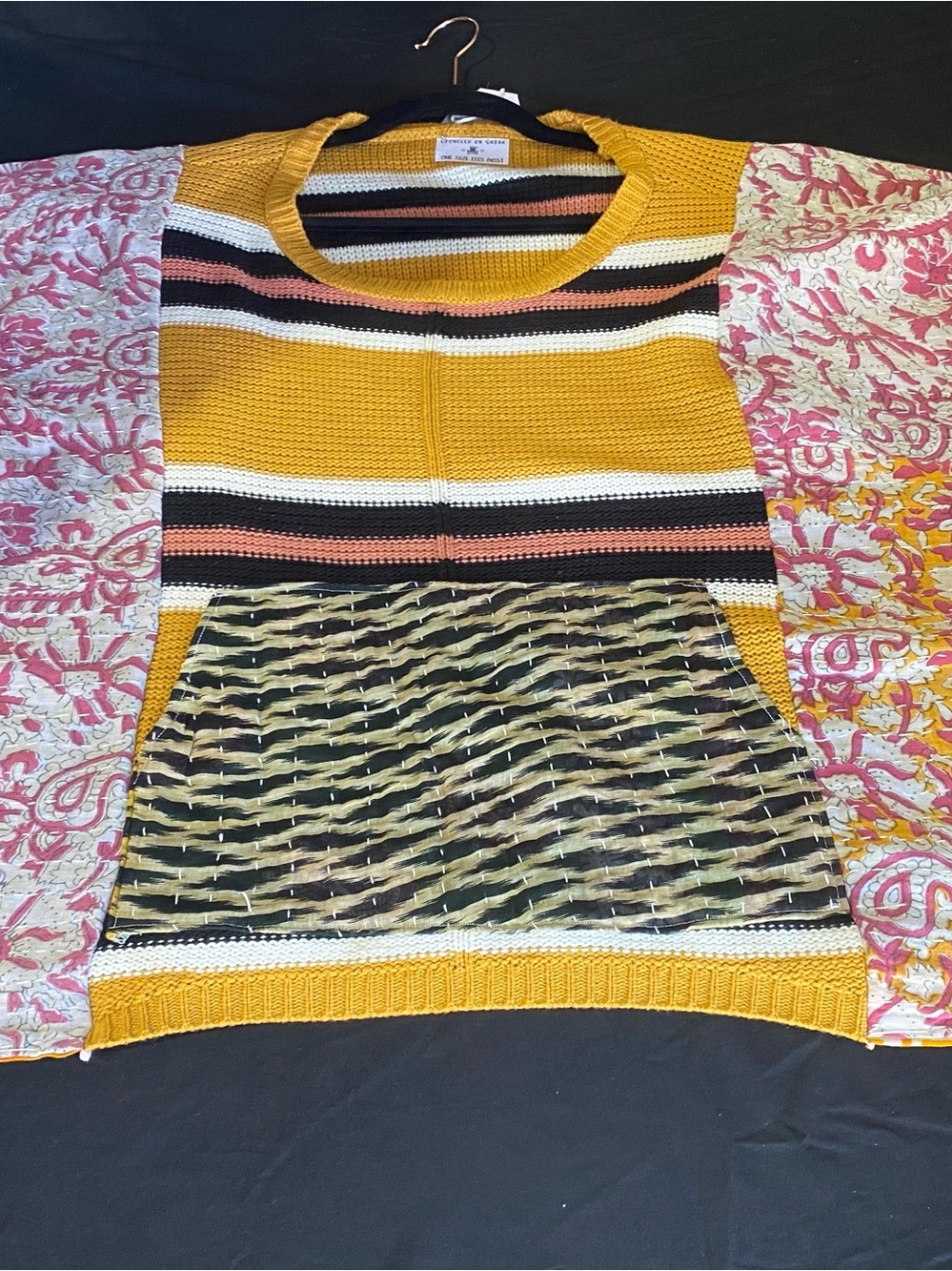 Women’s Yellow Striped Knit Sweater with Kantha sleeve poncho top